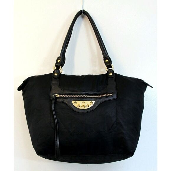 LARGE SAM EDELMAN BLACK NYLON VEGAN LEATHER HOBO TOTE SHOULDER BAG BOHO HANDBAG - Picture 2 of 10